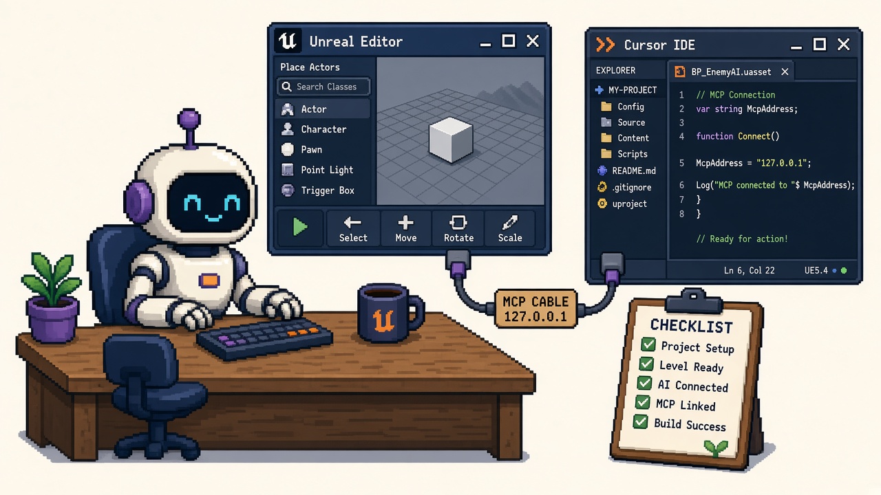 Pixel art robot between Unreal Editor and Cursor with MCP loopback cable and checklist