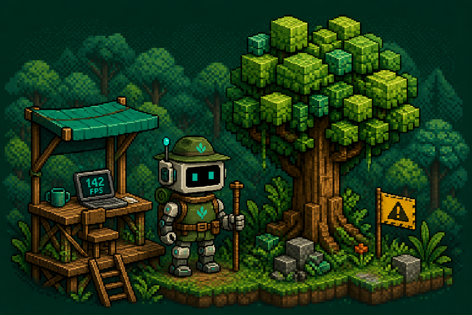 Pixel art forest ranger robot beside a voxel-style tree, caution flag, and a laptop showing FPS in a dense green forest
