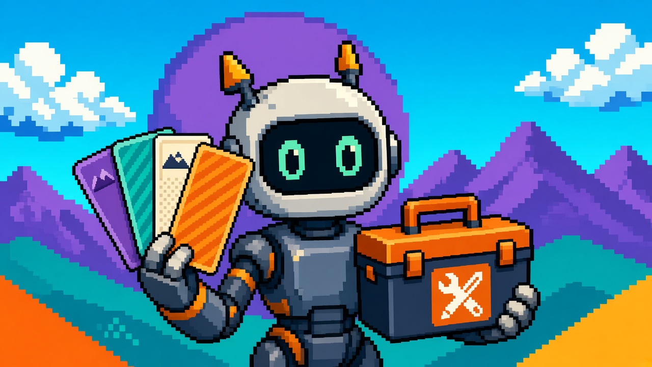 Pixel art robot with layered material cards and a Fab toolbox
