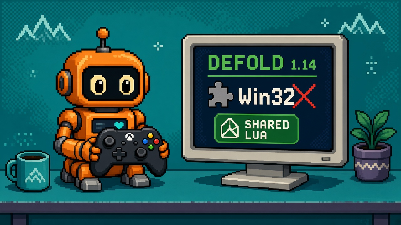 Pixel art orange robot with DEFOLD 1.14 monitor, controller, Win32 crossed out
