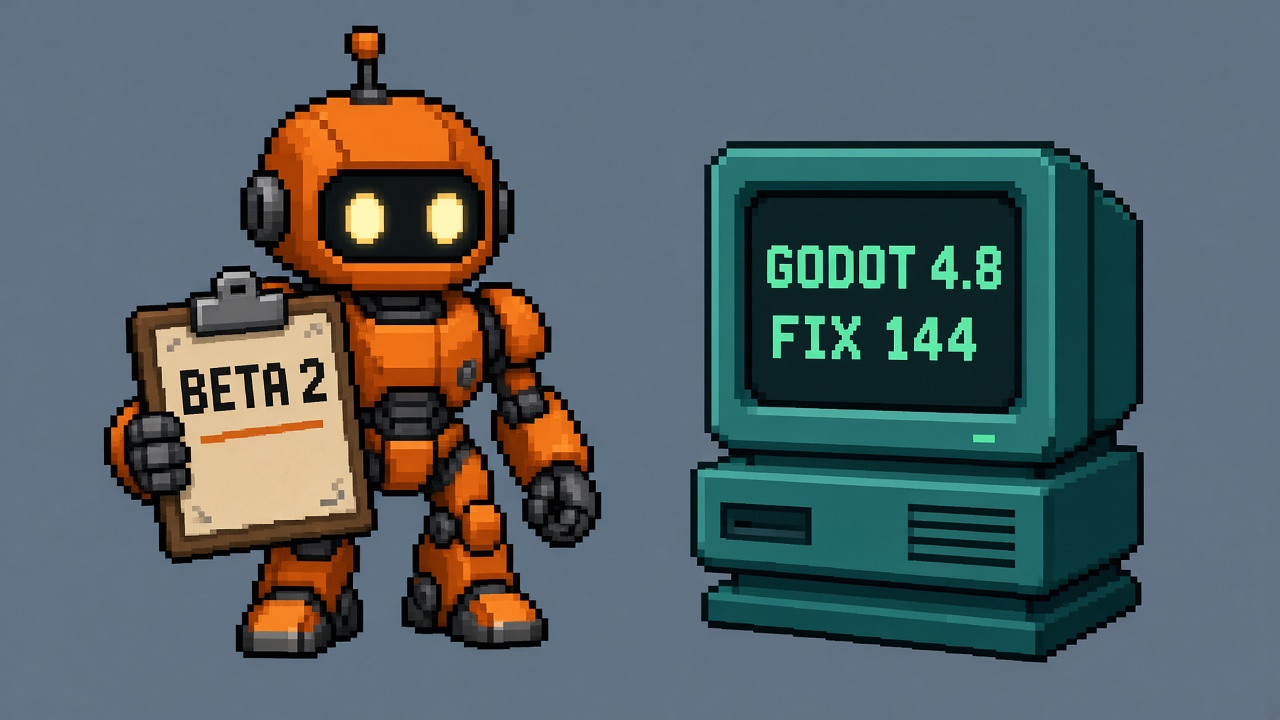 Pixel art orange robot with BETA 2 clipboard beside GODOT 4.8 FIX 144 monitor