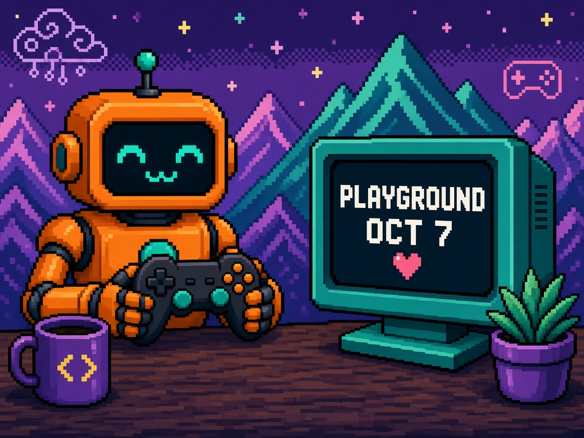 Pixel art orange robot with gamepad beside PLAYGROUND OCT 7 monitor