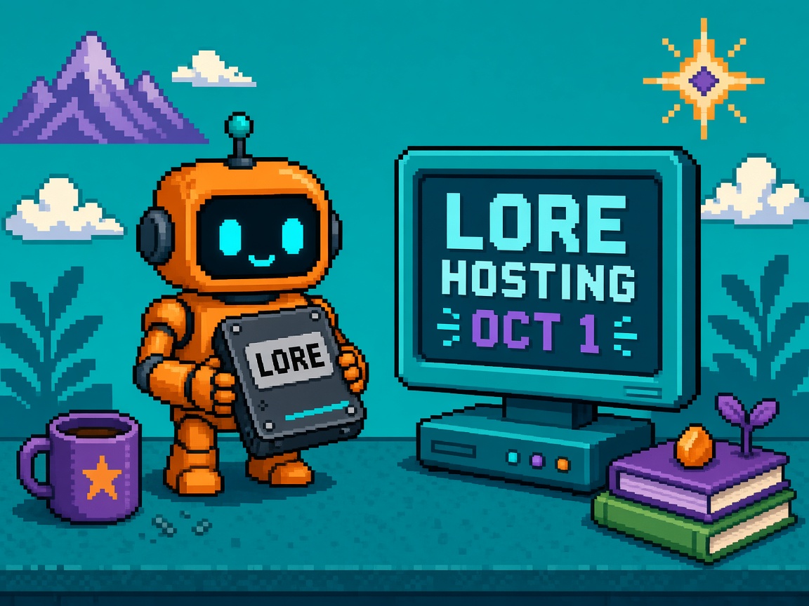 Pixel art orange robot with LORE drive beside LORE HOSTING OCT 1 monitor