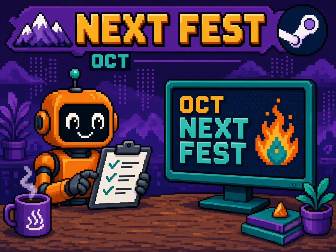 Pixel art orange robot with checklist beside OCT NEXT FEST monitor