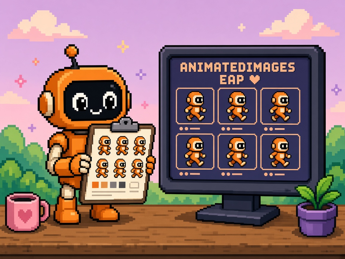 Pixel art orange robot with Aseprite clipboard beside ANIMATEDIMAGES EAP flipbook monitor