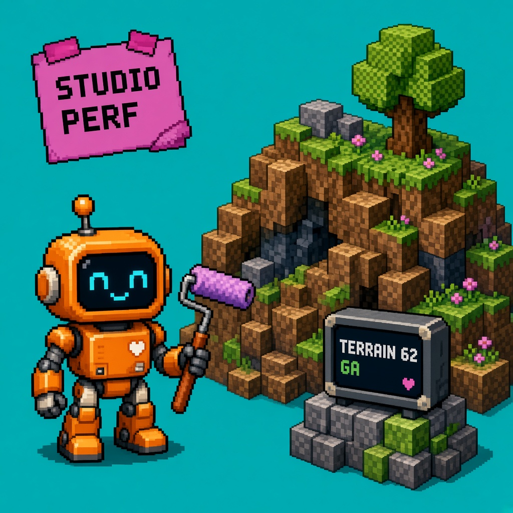 Pixel art orange robot with paint roller beside custom terrain hills and TERRAIN 62 GA monitor