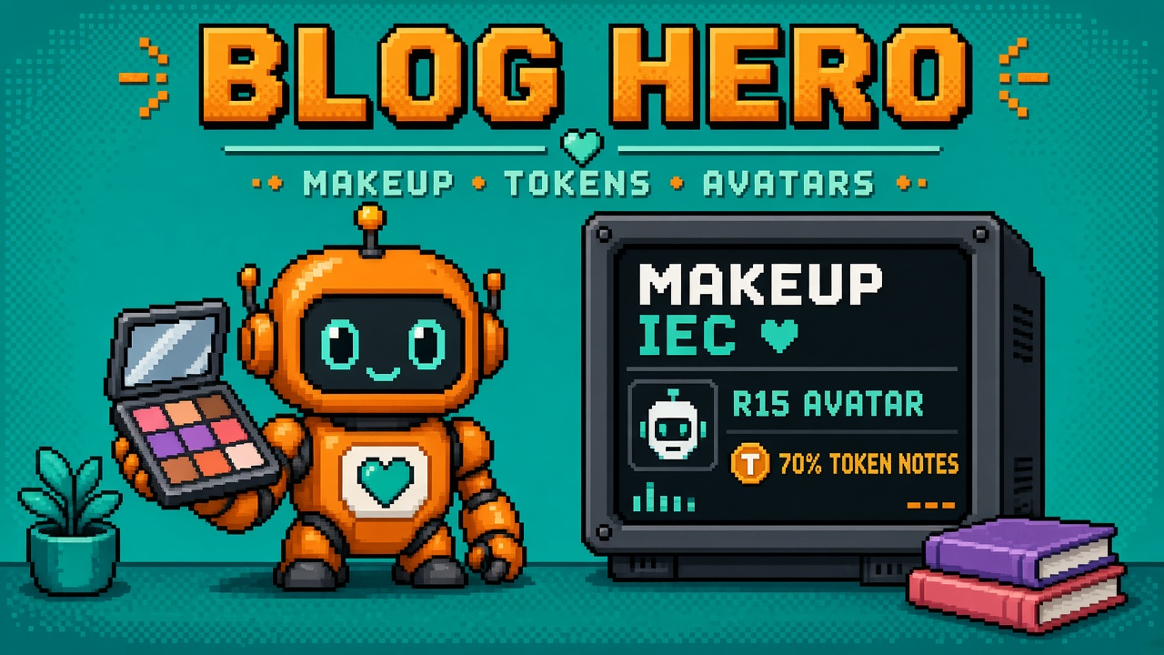 Pixel art orange robot with MAKEUP IEC monitor, palette, and 70% token notes