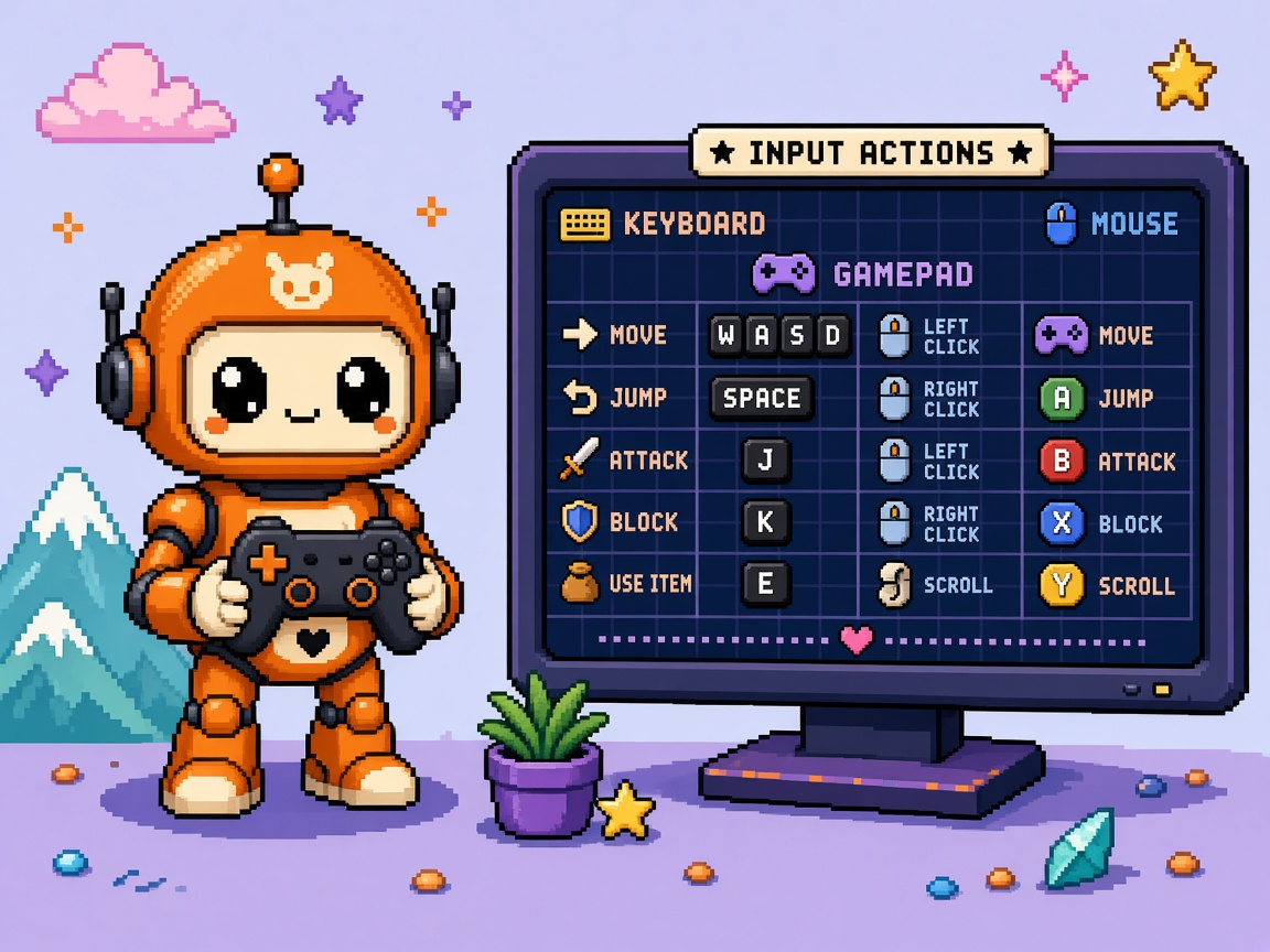 Pixel art orange robot with gamepad beside INPUT ACTIONS keyboard mouse gamepad binding monitor