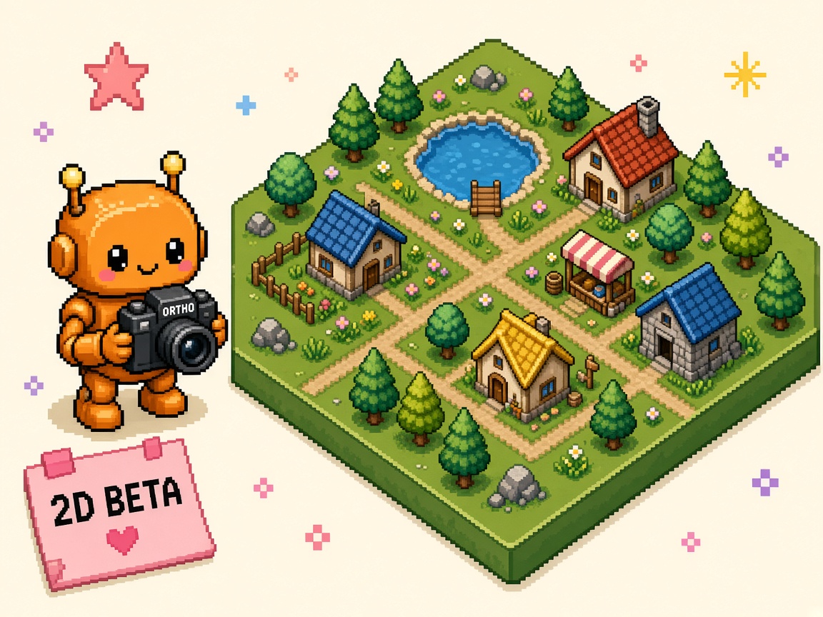 Pixel art orange robot holding ORTHO camera beside isometric village and 2D BETA sticky note
