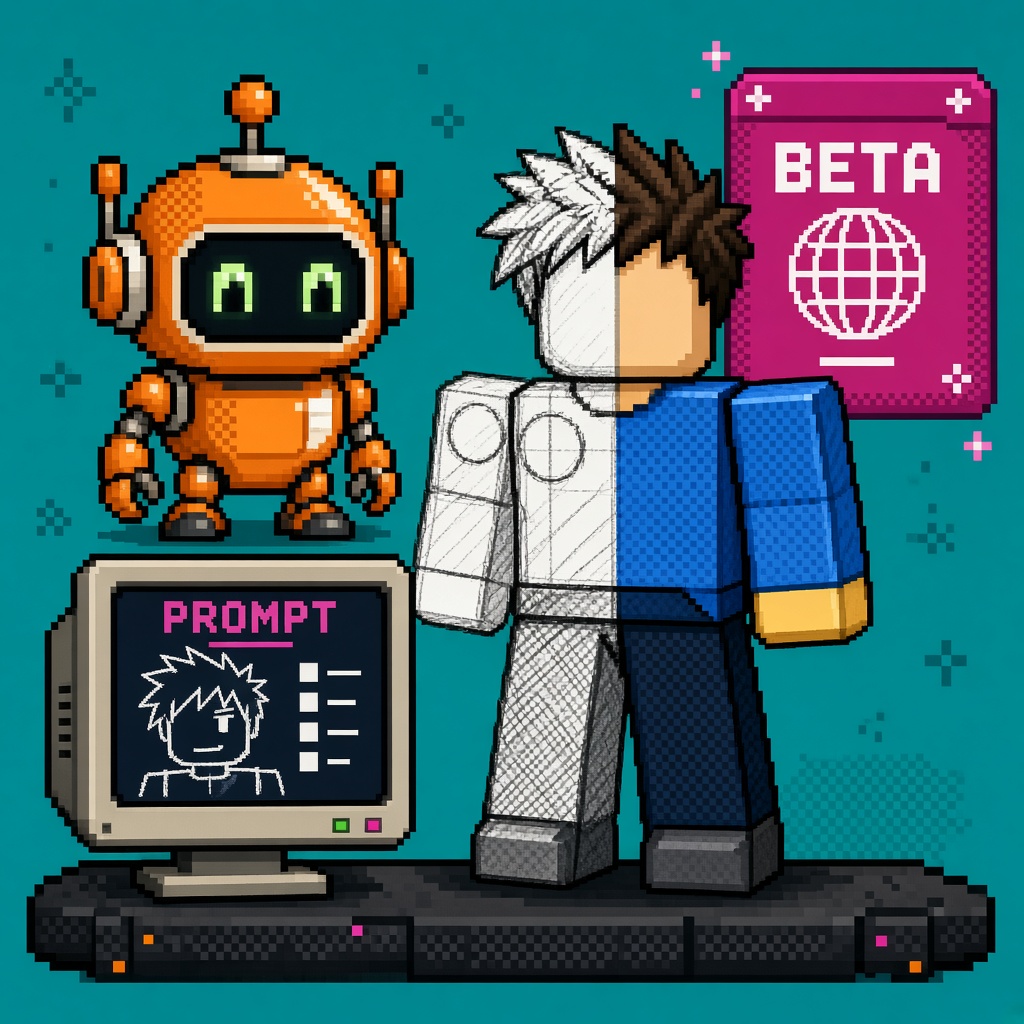 Pixel art orange robot beside Prompt-to-Avatar BETA mannequin and PROMPT monitor