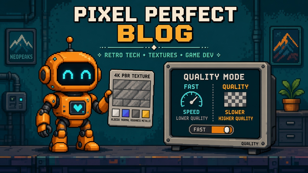 Pixel art orange robot with QUALITY MODE monitor and 4K PBR swatch card