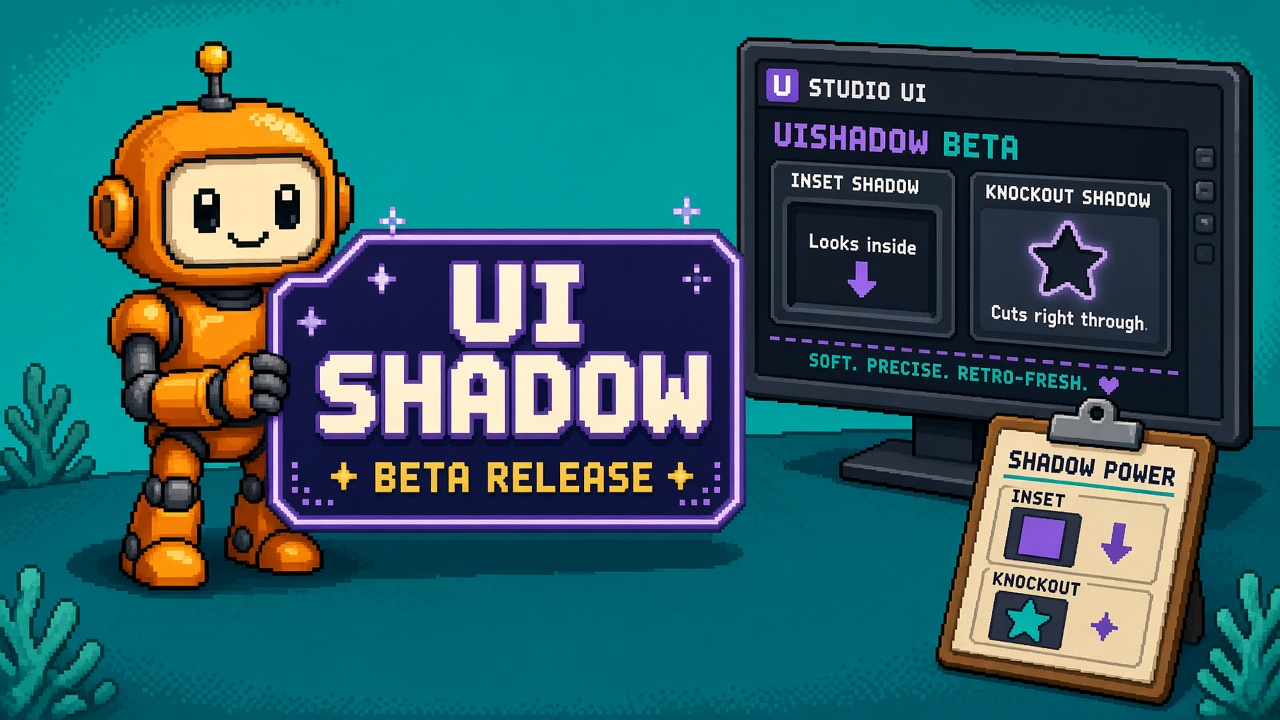 Pixel art orange robot with UISHADOW BETA monitor and glowing text-shadow card
