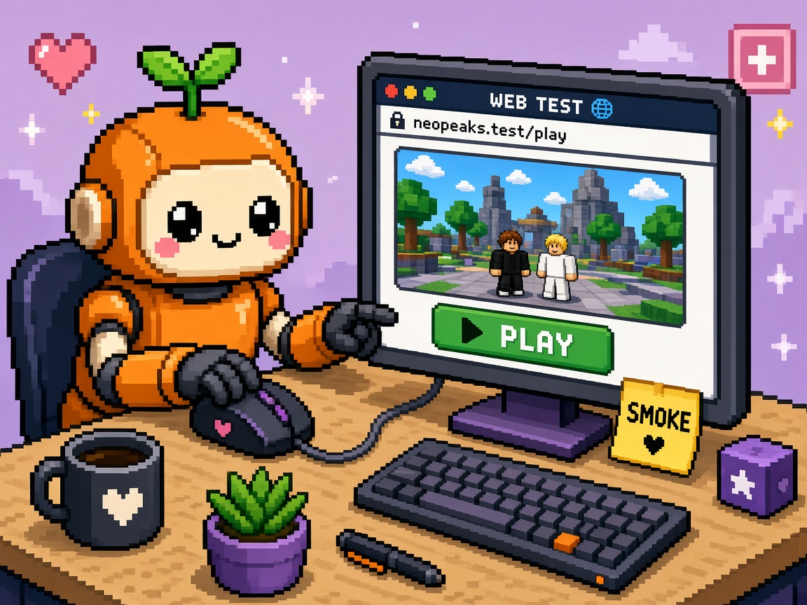 Pixel art orange robot at desk with WEB TEST browser PLAY button and SMOKE sticky note