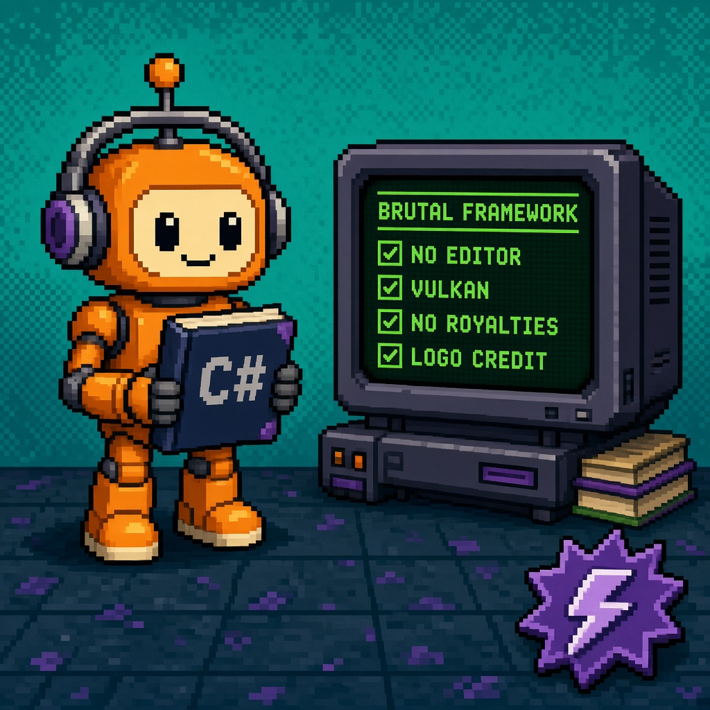 Pixel art orange robot with C# book beside BRUTAL FRAMEWORK monitor