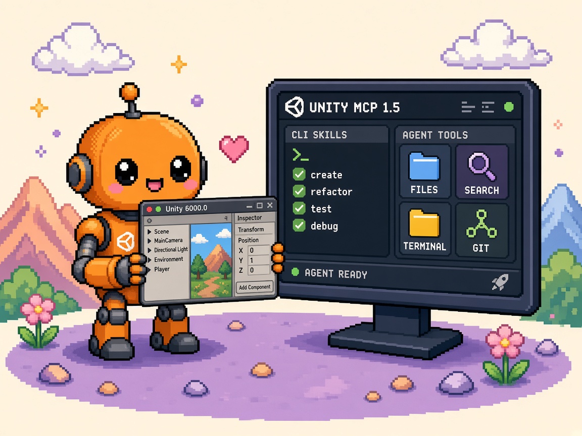Pixel art orange robot with Unity editor window beside UNITY MCP 1.5 CLI skills monitor