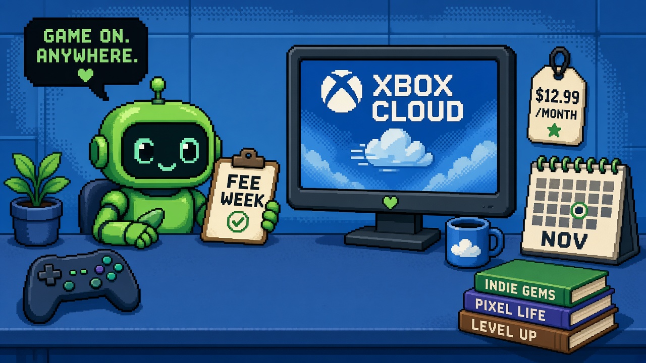 Pixel art green robot with FEE WEEK clipboard beside XBOX CLOUD monitor