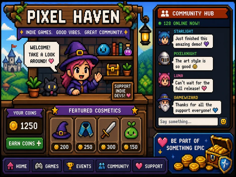 Pixel art of an indie game storefront with a community hub panel, cosmetics, and coins, for an Xsolla Community Hub direct-player-channel decision